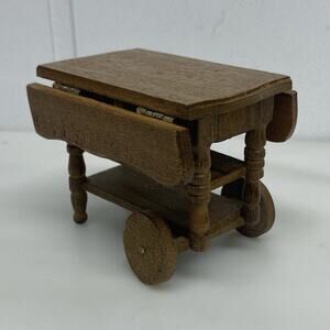 Vtg Dollhouse Miniature Wooden Tea Cart Serving Table On Wheels Furniture